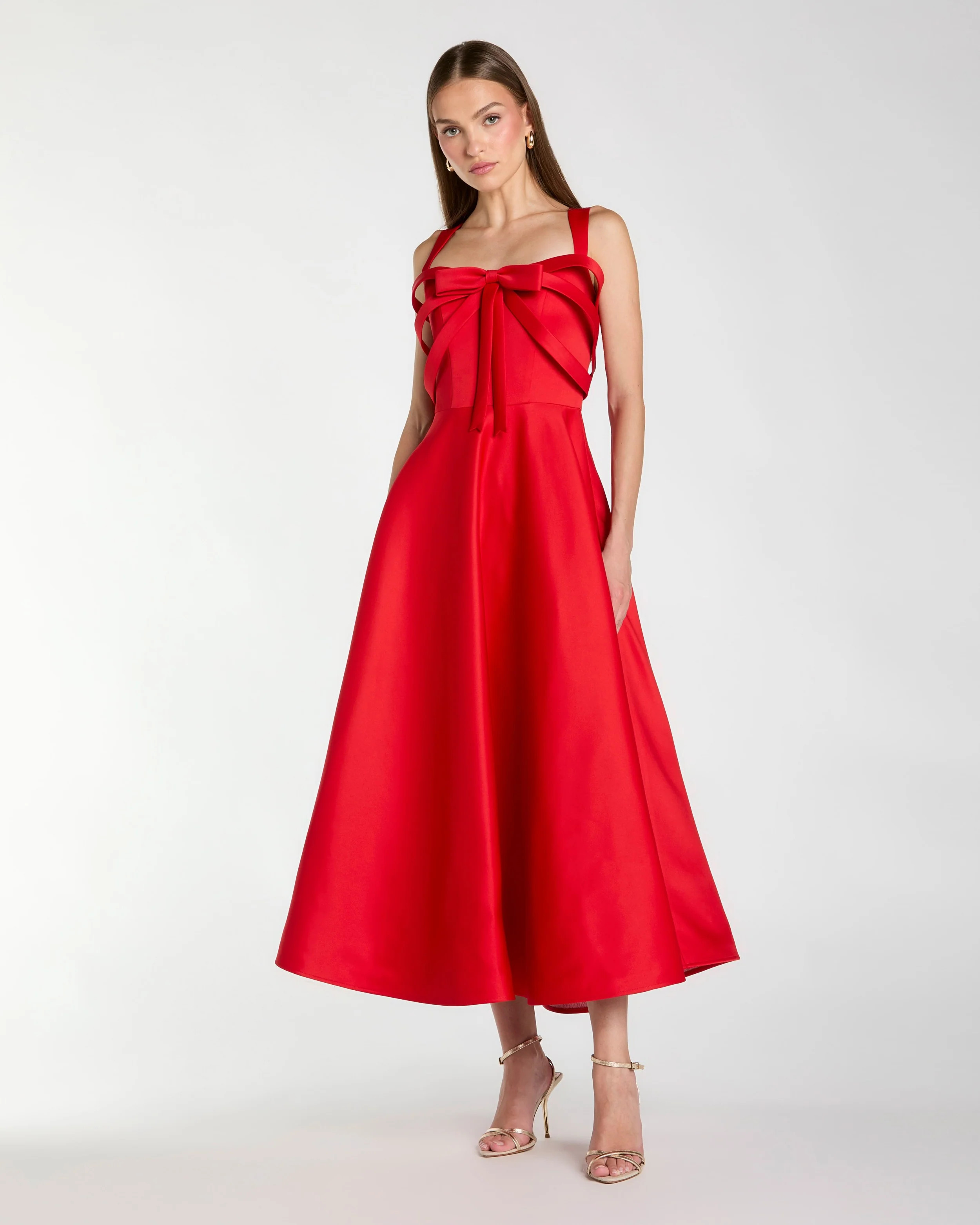 Red Satin Sleeveless A Line Midi Dress With Bow | Mac Duggal | Mac Duggal