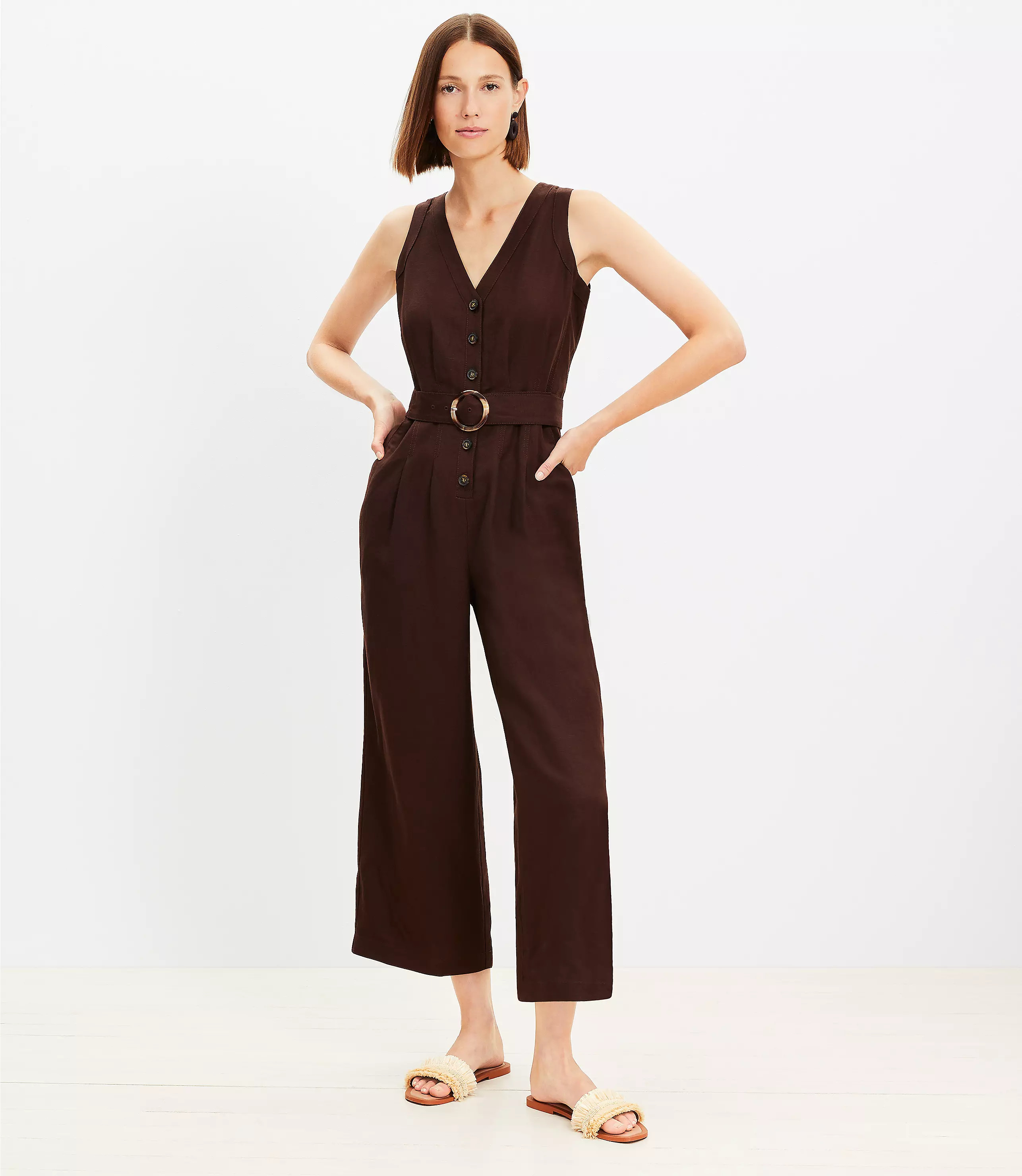 Linen Blend V-Neck Jumpsuit | LOFT