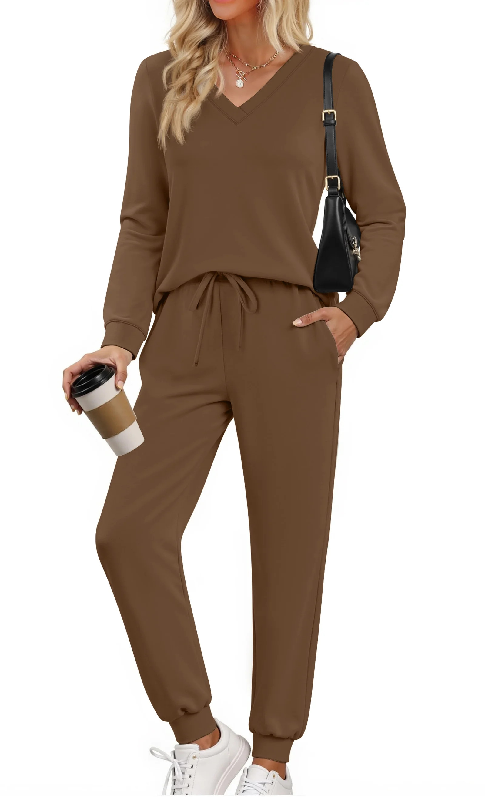 Fantaslook Two Piece Sets for Women Fall Outfits Fashion Lounge Sets V Neck Tops Long Pants Track... | Walmart (US)