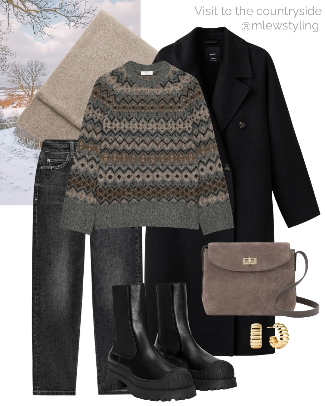 Countryside chic 🖤

Tags: winter outfit, aritzia fair isle sweater, black wool coat, cozy scarf, straight leg jeans, Chelsea boots, reiss suede bag, gold hoop earrings, travel outfit

#LTKTravel #LTKootd #LTKSeasonal