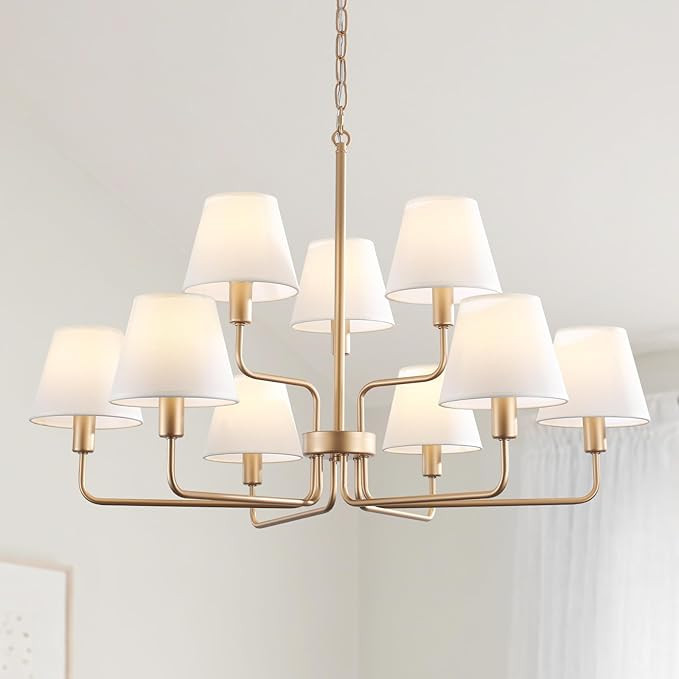 9-Light Gold Chandelier Light Fixture with White Fabric Shades, 33 inch Modern Farmhouse Dining R... | Amazon (US)
