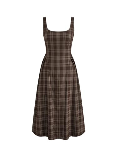 CIDER Plaid Women Maxi Dress Square Neck Sleeveless Pleated Mid Waist Casual Party Dress | Amazon (US)