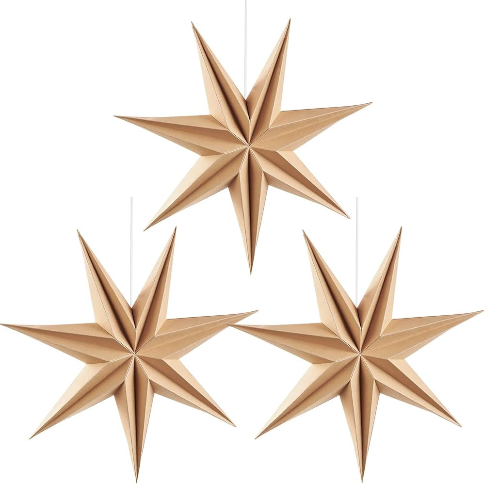 3PCS 12inch 7-Pointed Natural Paper Star Landerns Hanging Decoration Set Festive Holiday Decor St... | Amazon (US)