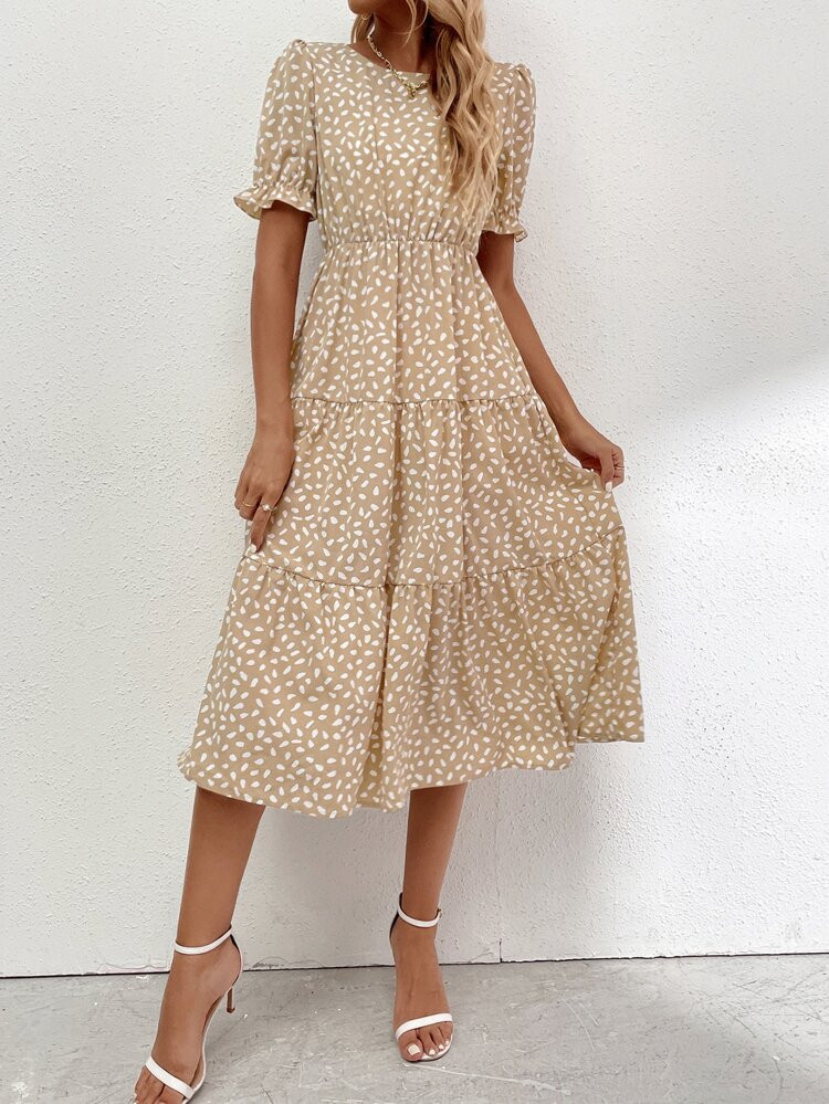 Allover Print Puff Sleeve Ruffle Hem Dress | SHEIN