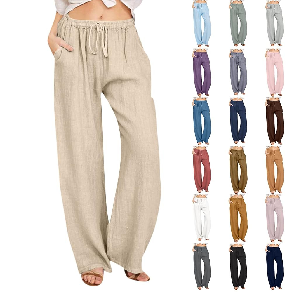 Wide Leg Linen Pants for Women Drawstring Waist Lightweight Summer Pants with Pocket Baggy Cotton... | Amazon (US)