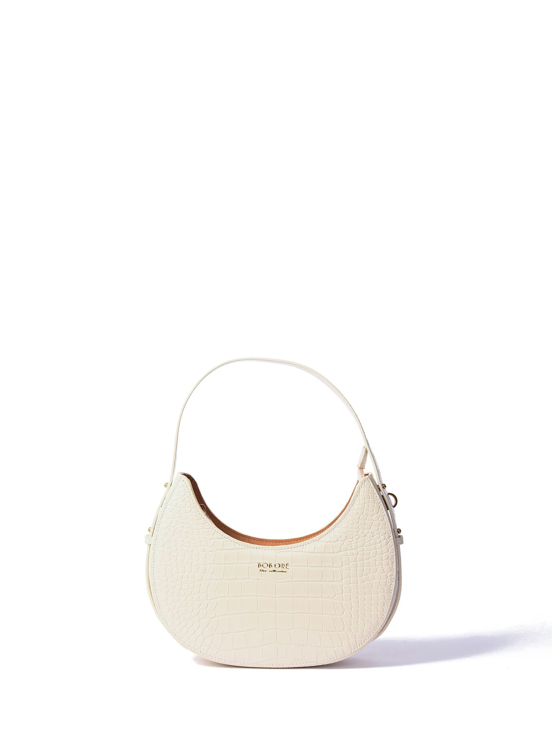 Naomi Leather Moon Bag with Croc-Embossed Pattern, White | Bob Ore Blue Collection
