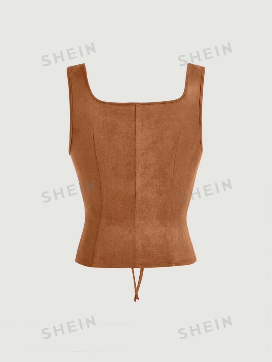 SHEIN MOD Lace Up Front Brown Center Front Lace-Up Eyelets Tank Top Without Blouse | SHEIN