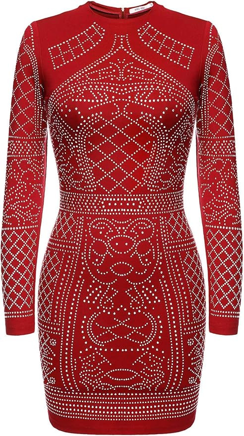 Meaneor Women's Long Sleeve Rhinestone Embellished Vintage Cocktail Dresses | Amazon (US)