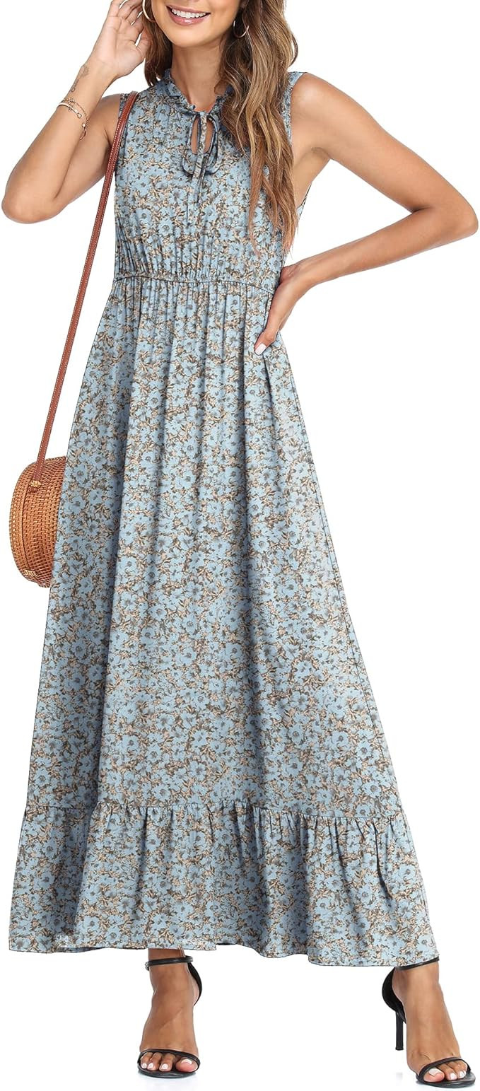 CZYINXIAN Women's Sleeveless Summer Tie Neck High Waist Casual Boho Dress Floral Print Ruffle Hem... | Amazon (US)