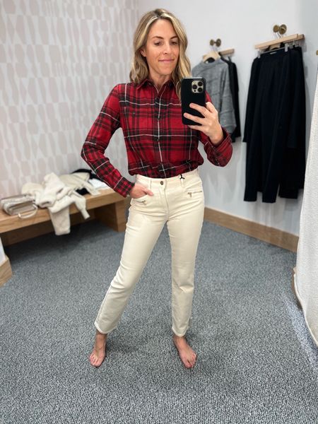 Holiday look from Evereve: stretch Faherty plaid button down + white Paige straight leg jeans. This shirt is so yummy and comfortable and the jeans fit really well. All TTS. 

#LTKstyletip #LTKHoliday #LTKover40
