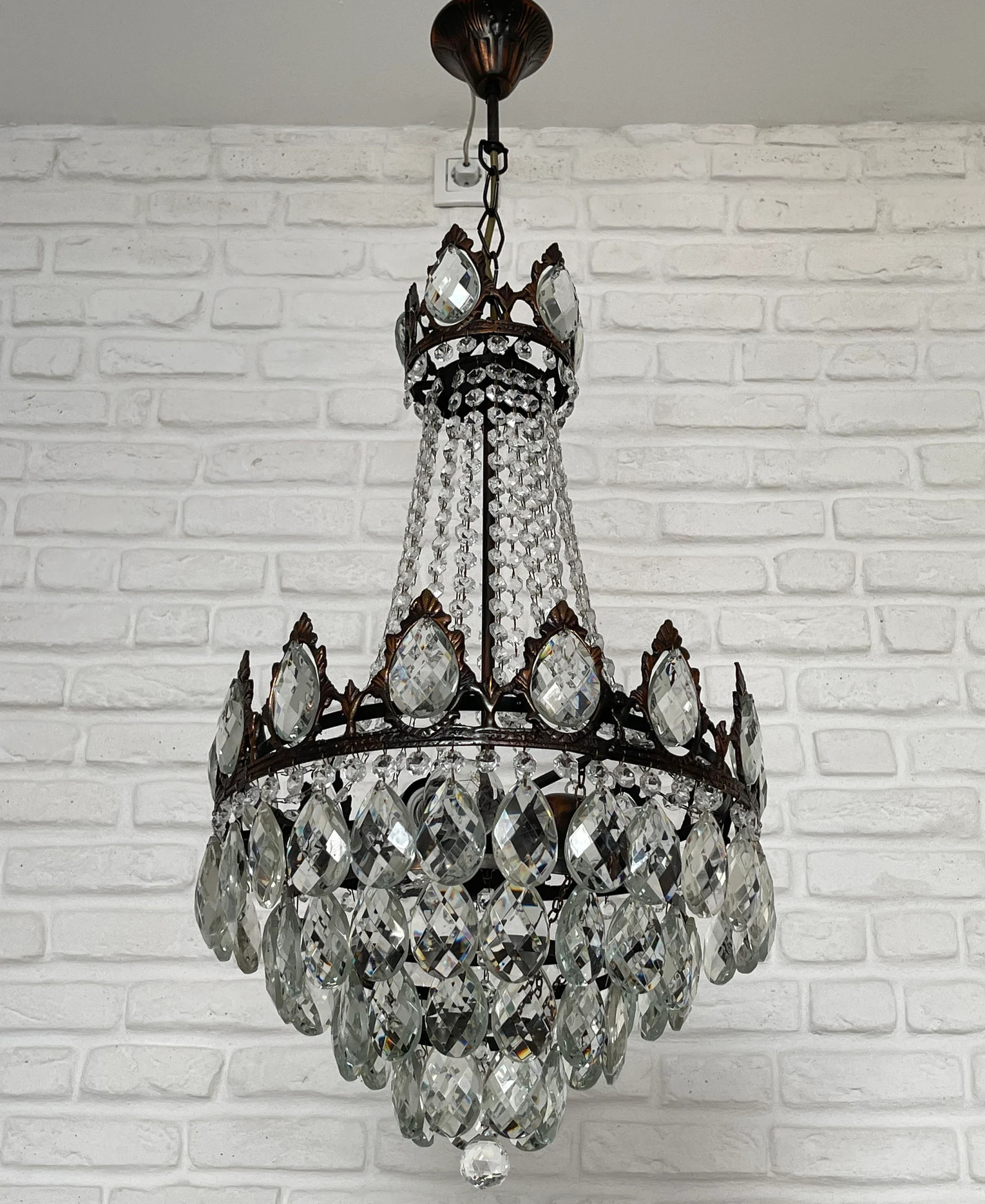 Antique / Vintage Brass & Crystals  French Empire Chandelier Ceiling Light Pendant Lighting Glass... | Etsy (US)