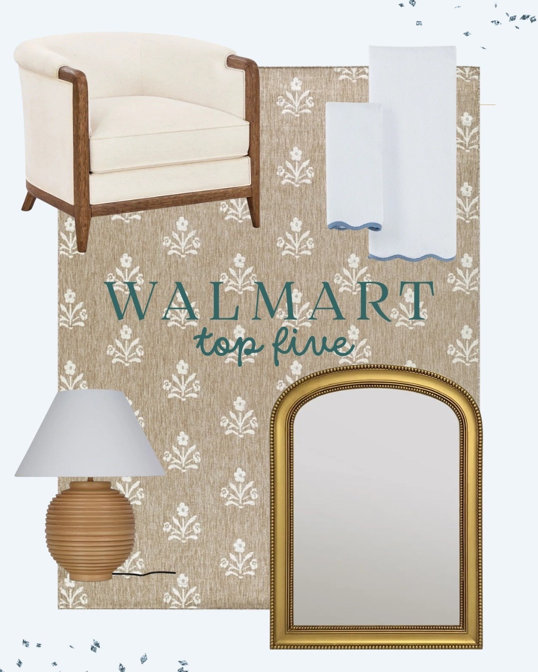 Walmart top five finds

Walmart home, home decor, home styling, accent mirror, gold mirror, lamp, coastal lamp, neutral home, scalloped towels, floral jute rug, neutral rug. Outdoor rug, accent chair 