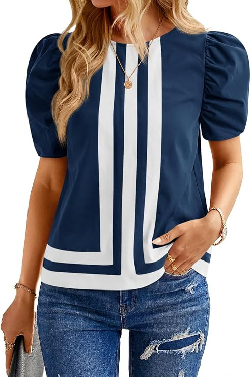 Cicy Bell Womens Summer Puff Sleeve Blouses Striped Color Block Cropped Tops Casual Round Neck Sh... | Amazon (US)