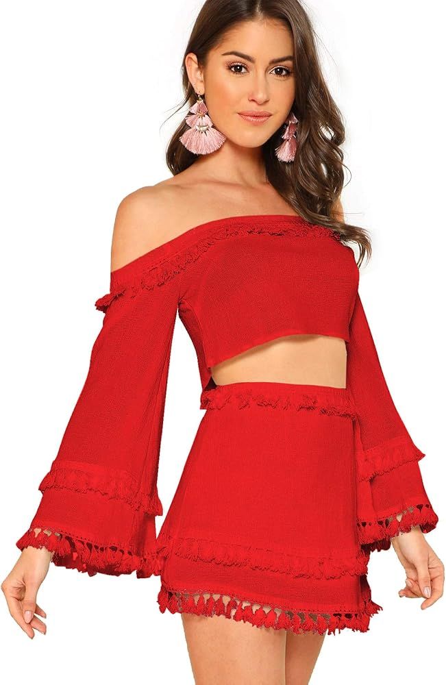 SheIn Women's 2 Piece Outfit Fringe Trim Crop Top Skirt Set | Amazon (US)