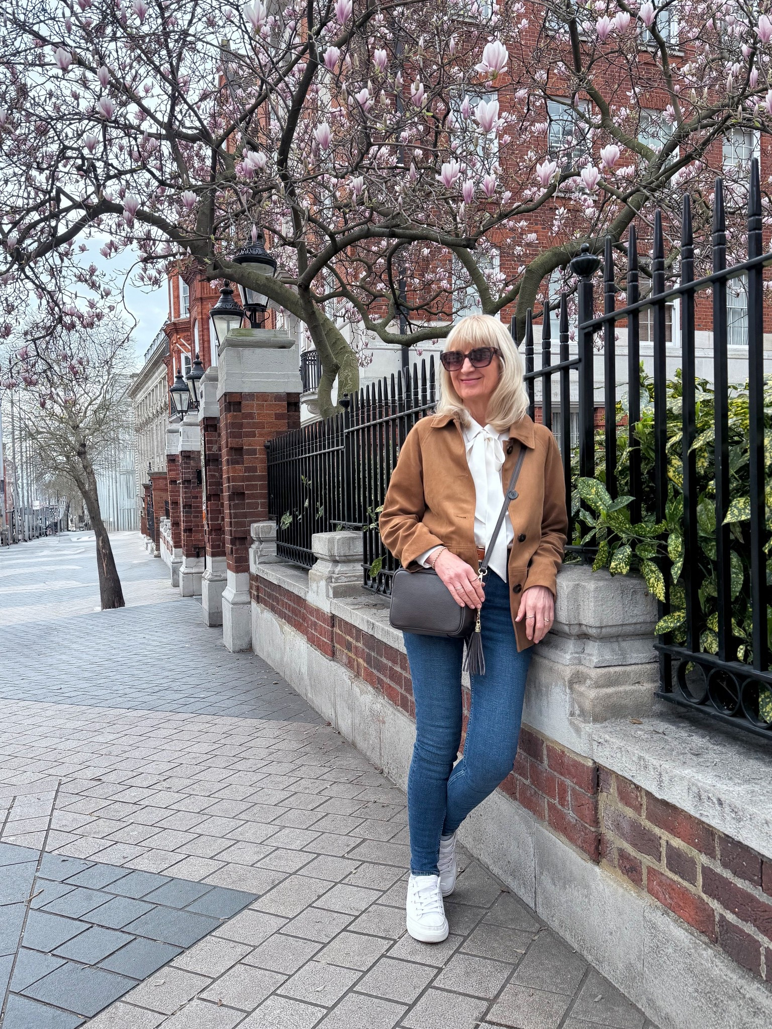 London casual chic look. 
Tan faux suede jacket, jeans , silk blouse and trainers 


#LTKmidsize #LTKuk #LTKspring