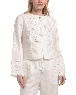 Linen Blend Long Wide Sleeve Crew Neck Eyelet Blouse | TJ Maxx