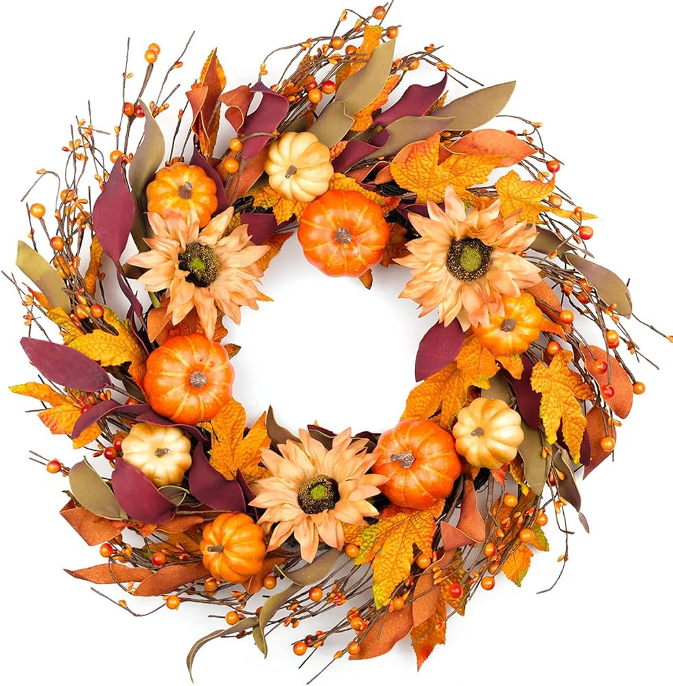 HomeKaren Fall Wreaths for Front Door 22 Inch, Autumn Wreath with Berry Pumpkin, Maple Leaves, Th... | Amazon (US)