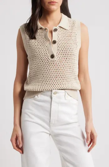 FRAME Openwork Sleeveless Polo Sweater in Taupe at Nordstrom Rack, Size X-Large | Nordstrom Rack