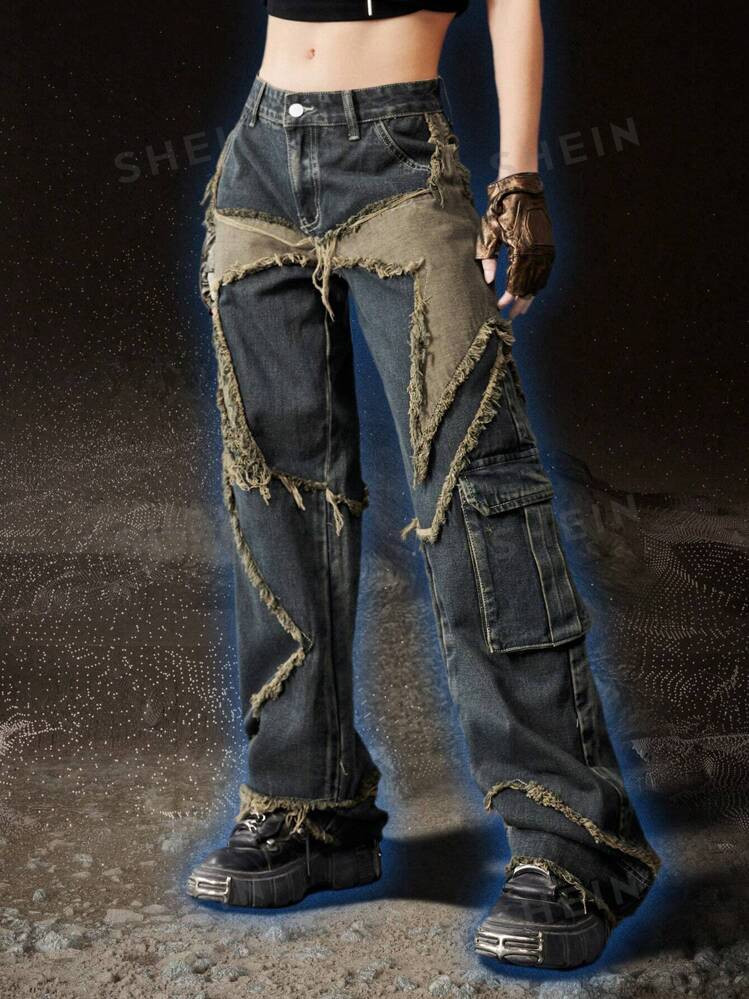 ROMWE Grunge Punk Star Pattern Raw Trim Flap Pocket Cargo Boy Friend Jeans, School | SHEIN