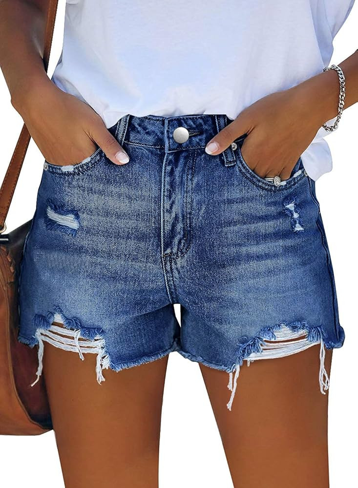 MINGALONDON Women's Denim Shorts Mid Waist Ripped Distressed | Amazon (US)