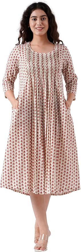 Women's Hand Block Printed Cotton Summer Dress | Daily Wear Lightweight A-Line Dress with Ruffle ... | Amazon (US)
