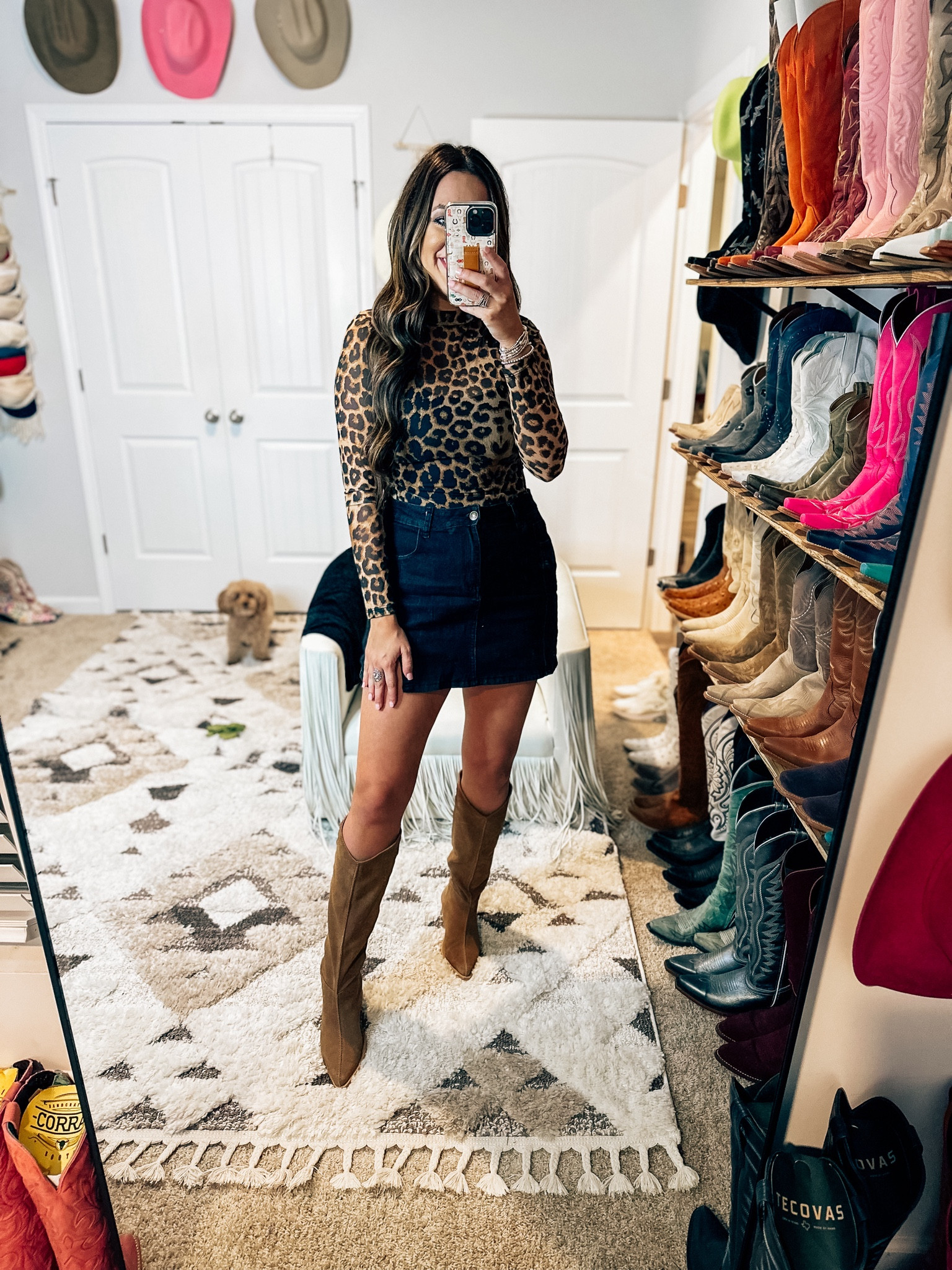 Leopard is a trend for fall - this long sleeve leopard body suit from Amazon and I’m wearing a medium, also wearing a medium in the skirt the skirt has shorts under it, making it a skort, free people boots and this is a great outfit that you can lay or anything over - 
Perfect for a country concert, Nashville date night, outfit, shower outfit, girls night out Rodeo out 


#LTKWorkwear #LTKFindsUnder50 #LTKFindsUnder100