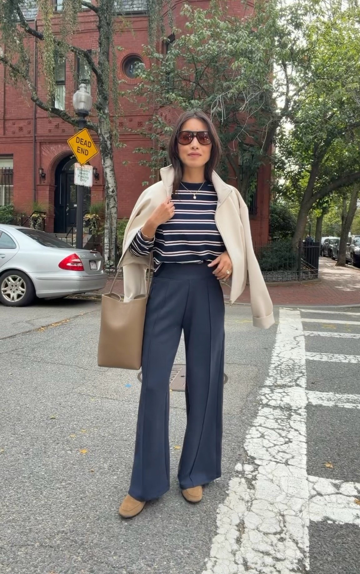 Sizing below! Also linked a look for less from old navy below.
• Rhone trouser XS in 27" inseam, I got code JEAN20 for 20% off a first order, has matching sweatshirt. This fits 1” shorter than my Varley wide leg pants.
• Gap cotton stripe tee XXS regular, boxy fit (I don't need petite since it's shorter in length and shrinks in dryer FYI) 
• zara jacket XS 
• Mango loafers 5 no break in needed for me 
• Quince tote bag sz small 

Fall casual outfit idea, easy mom outfit, petite friendly lounge pants

#LTKPetite #LTKSeasonal #LTKmomlife