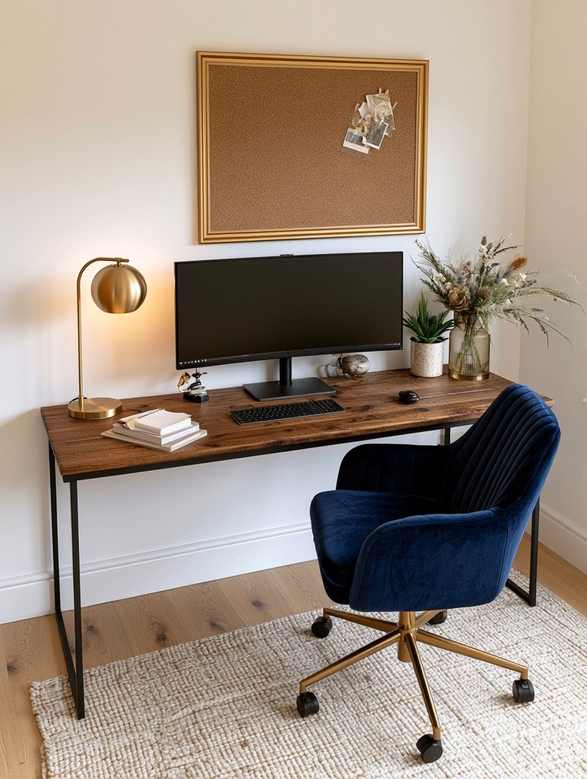 **How simple—and elegant—is this home office?**

Whether you want to recreate the entire look or simply pick the piece your office is missing, this is our Elegant & Driven formula for a **modern, productive and low-maintenance workspace.**

Start with a **simple natural wood desk without bulky drawers.** As our lives become increasingly digital, we simply don’t need all that storage underneath us. Fewer drawers mean less to fill, organize and maintain—and visually, the room immediately feels lighter. Natural wood also brings the grounding energy we love into a space where we spend hours thinking and working.

Add an **ultrawide monitor** for productivity, then bring in the elegance: a sculptural **gold table lamp**, a **gold-framed corkboard**, and a gorgeous **velvet office chair** for softness, texture and color.

Navy is beautiful, but make it yours—**burgundy, emerald, black or another rich velvet tone** works just as well.

Simple. Grounded. Productive. Elegant. And most importantly, easy to maintain.

Explore our edit to recreate the entire office—or simply choose the piece yours is missing.

#HomeOffice #OfficeDecor #WorkFromHome #ElegantAndDriven
 

 #LTKHome