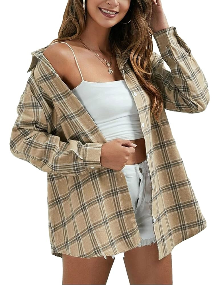 Zontroldy Plaid Flannel Shirts for Women Oversized Long Sleeve Button Down Buffalo Plaid Shirt Bl... | Amazon (US)