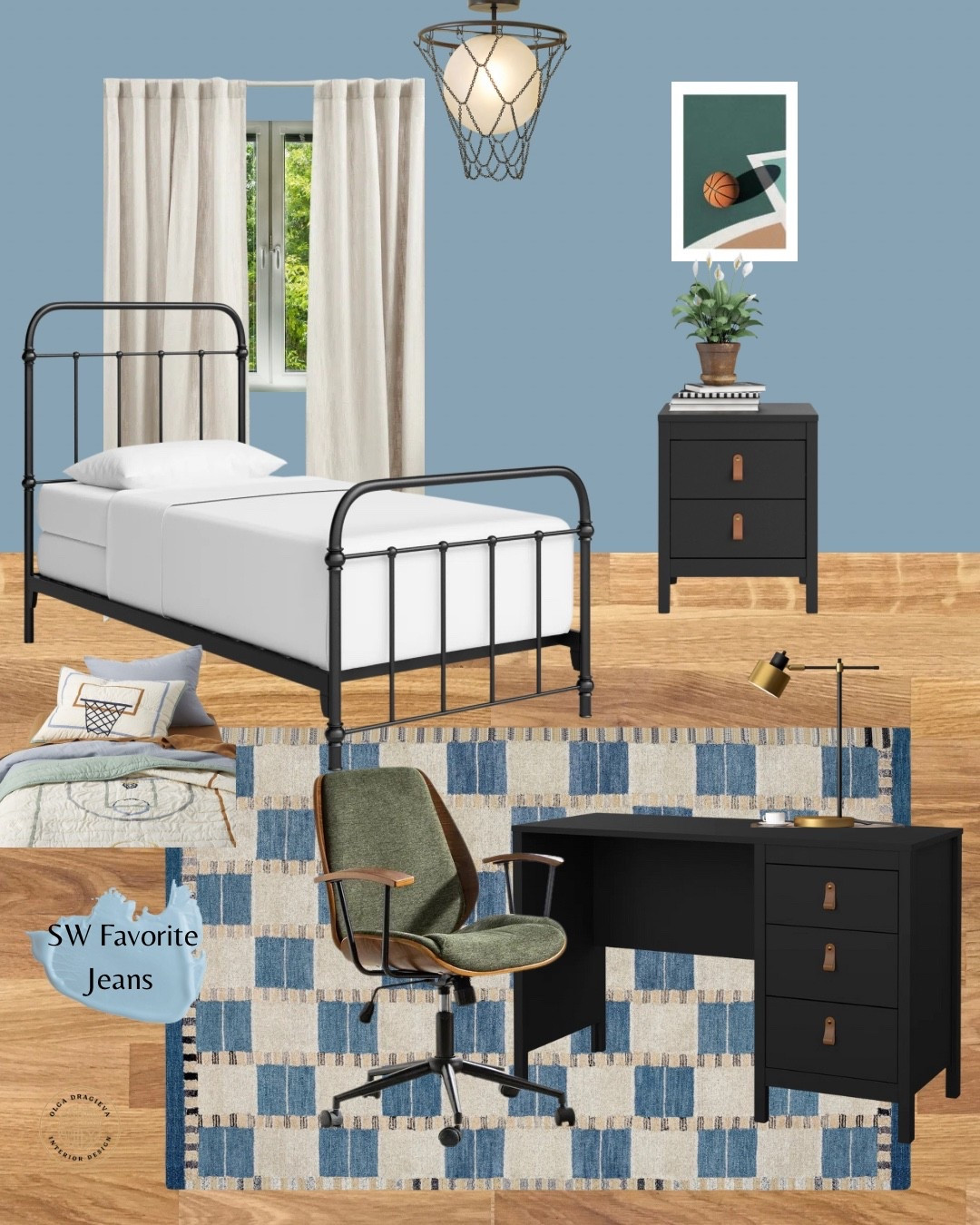 Boys bedroom mood board, fun baseball-inspired bedroom. Metal bed frame, black desk and nightstand, art from Disenio, checkered rug, fun bedding, baseball light from Pottery Barn. #homedecor #boysbedroom 

#LTKKids #LTKSeasonal #LTKHome