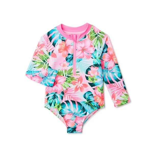 Wonder Nation Baby Toddler Girl Tropical One-Piece Rash Guard Swimsuit | Walmart (US)