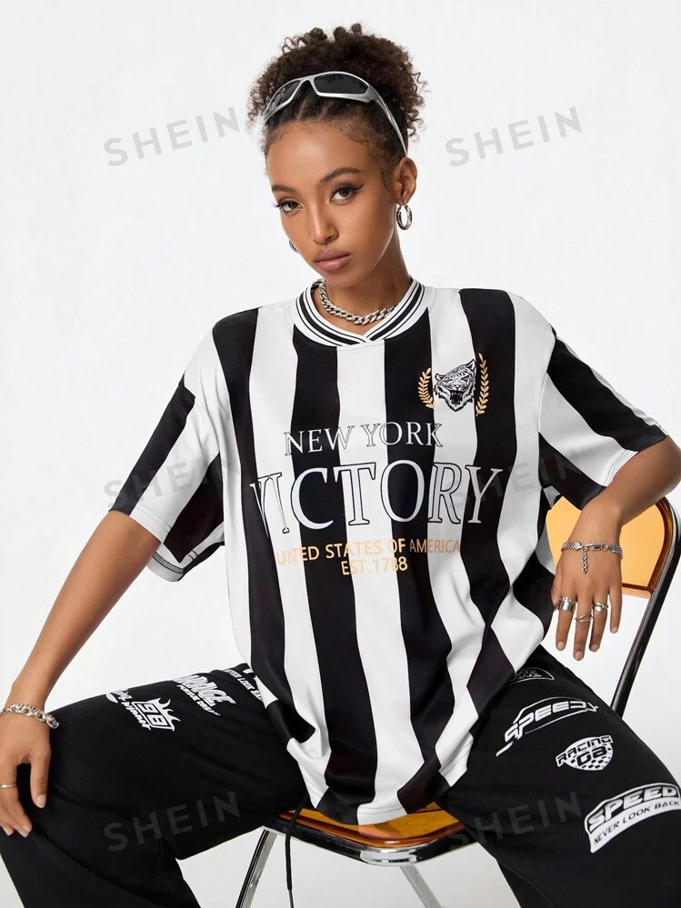 SHEIN Coolane Women's  Blockcore Pink Fashionable Striped  Graphics  V-Neck Soccer   Jersey  T-S... | SHEIN