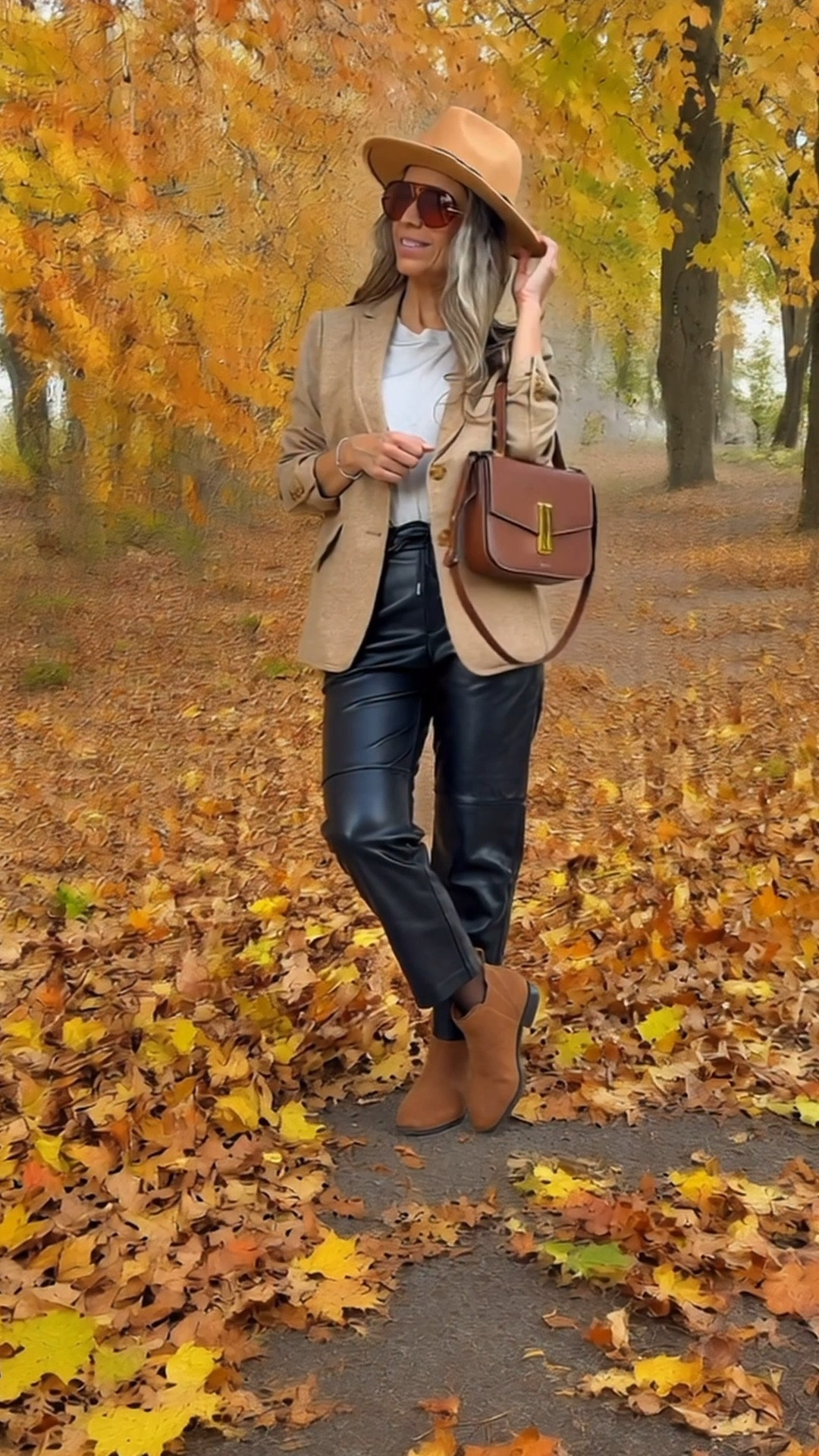 Camel shetland wool blazer sz S 
Faux leather pants sz XS
Camel booties true to size - use code JUSTGLOW for 10% off
Camel bag is leather and great quality



#LTKFindsUnder50 #LTKSaleAlert #LTKSeasonal