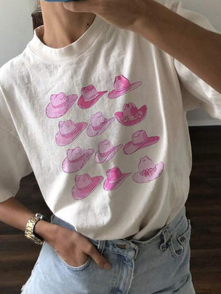 SHEIN Essnce Women's Summer T-Shirt With Round Neck And Hat Pattern | SHEIN