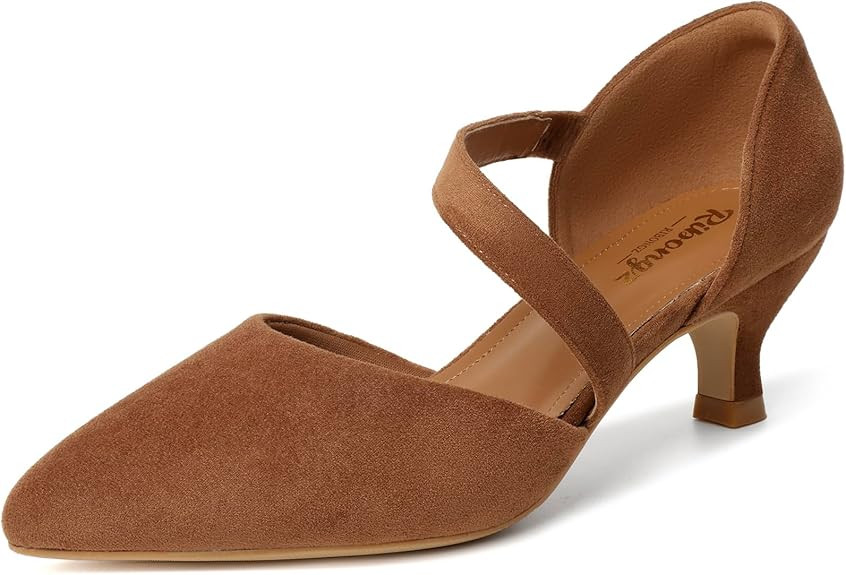 RIBONGZ Kitten Heels for Women Closed Toe Comfortable Low Heels Pointed Toe Sexy Slip on Pumps Br... | Amazon (US)