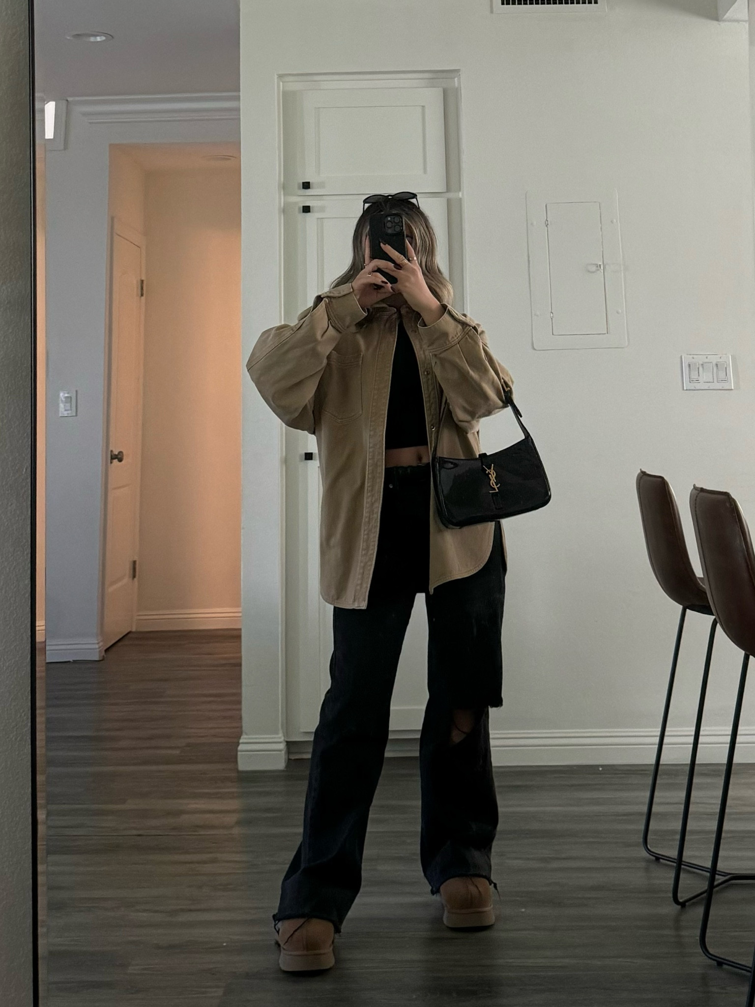 black & beige 🖤🤎 
— black revolve jeans, soft black baby tee, revolve neutral denim jacket, black ysl, black amazon sunnies, ugg slides 