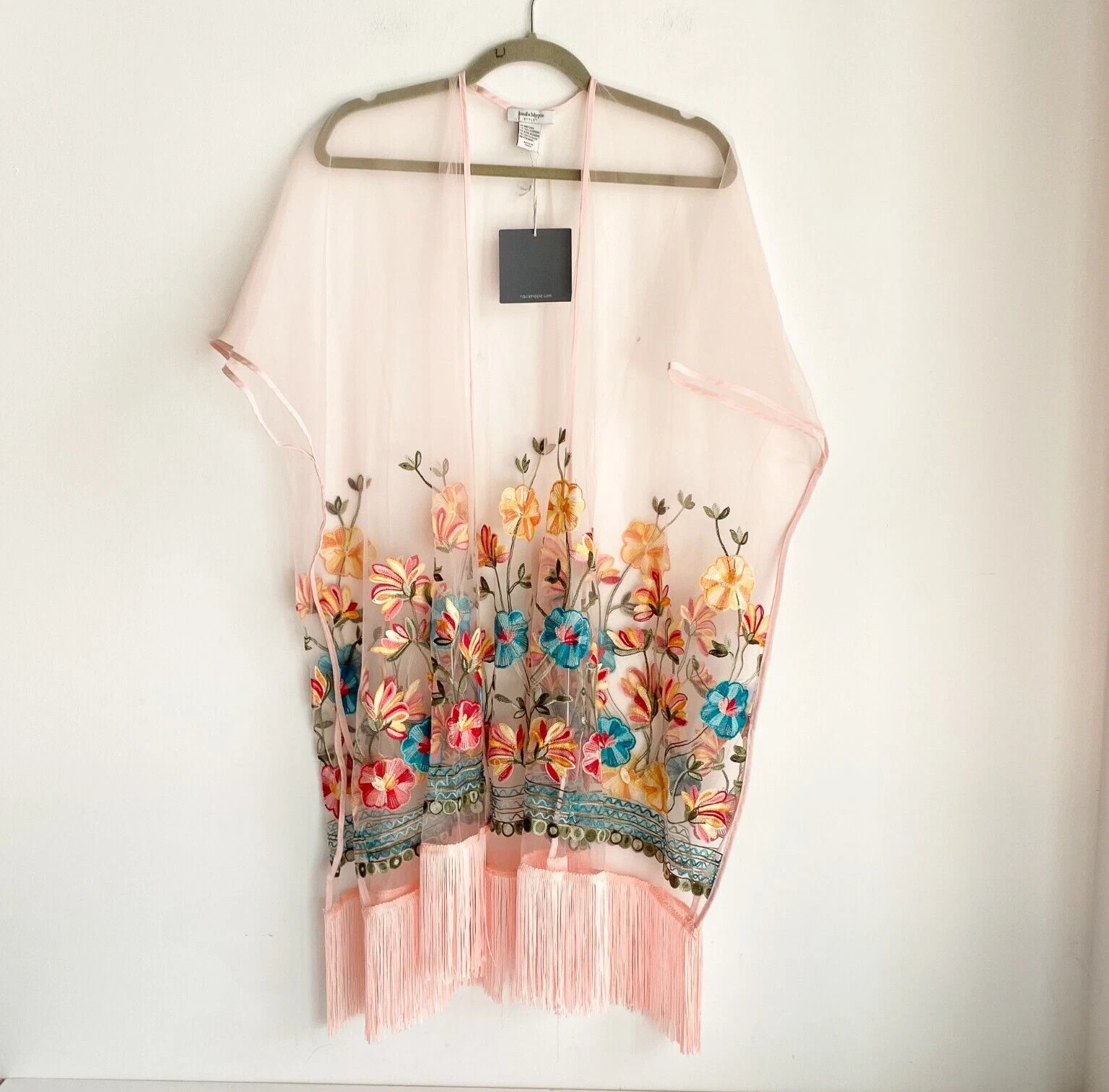 NWT Haute Hippie Pink Mesh Floral Embroidered Fringe Boho Festival Poncho OS | eBay | eBay US