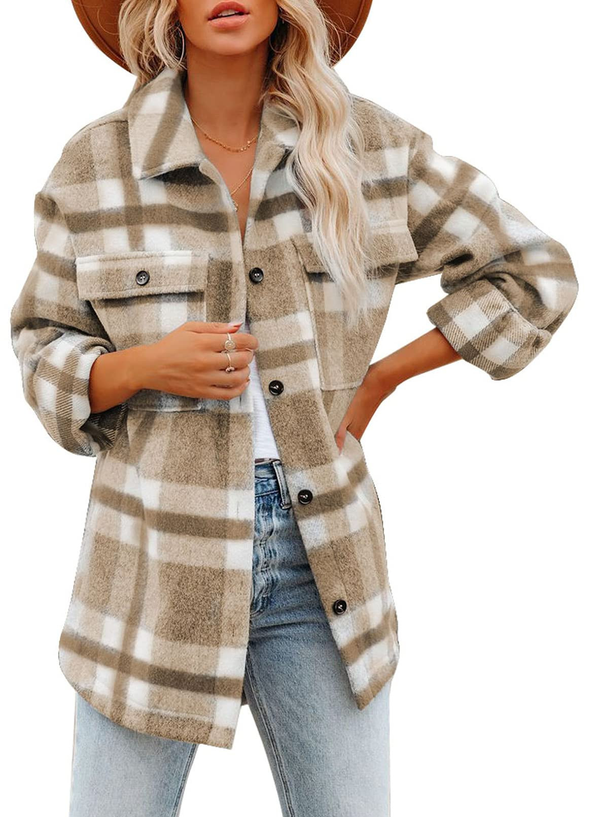 Dokotoo Womens Casual Plaid Button Down Long Sleeve Shirts Flannel Shacket Jacket Coats | Amazon (US)
