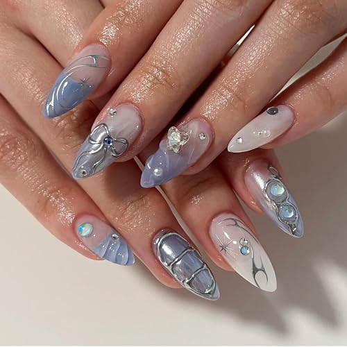 24 Pcs 3D Almond Press on Nails Medium Length Fake Nails with Glue Bow Rhinestone Nails Design Acrylic Nails Press ons Blue Ruesable False Nails Artificial Stick on Nails for Women Girls | Amazon (US)
