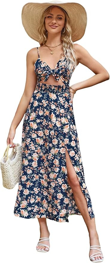 Womens Summer Dress Tropical Leaf Tie Front Spaghetti Straps Smocked Waist Slit A Line Maxi Dress | Amazon (US)