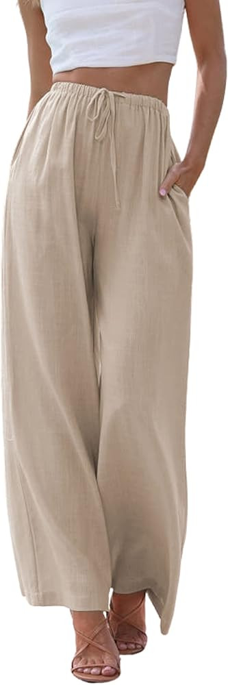 Hooever Women's Wide Leg Cotton Linen Pants High Waist Adjustable Tie Knot Lounge Trousers | Amazon (US)