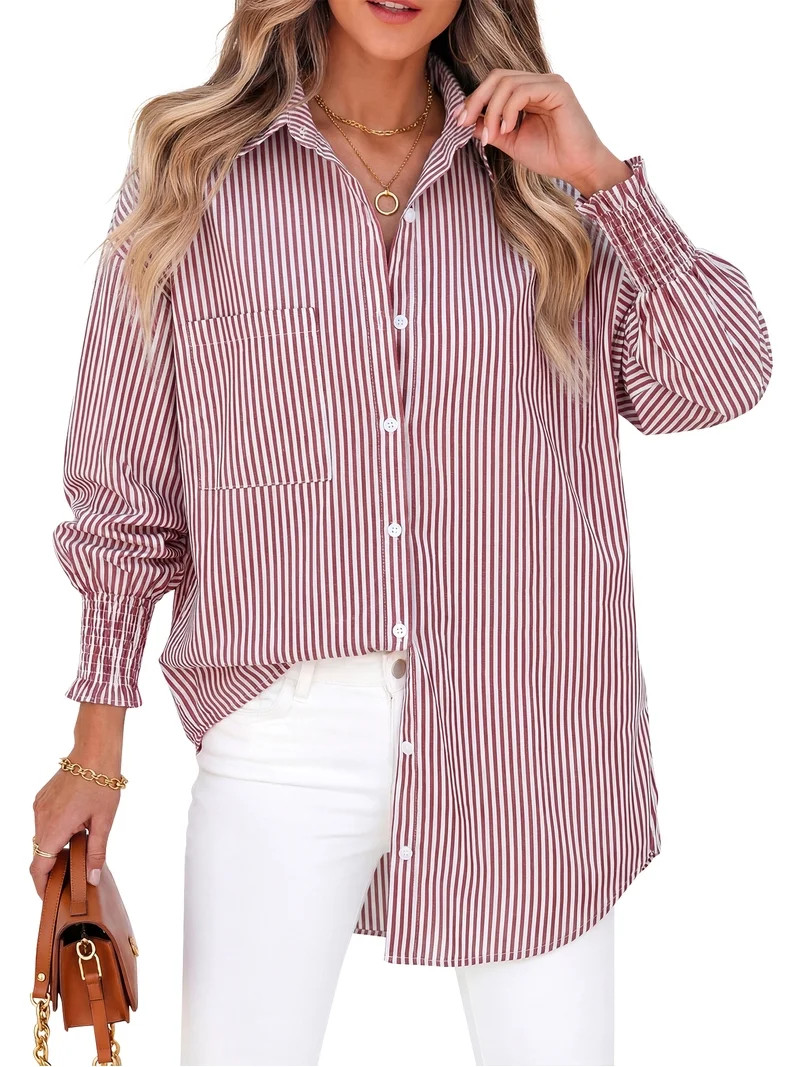 Fantaslook Striped Button Down Shirts for Women Smocked Cuffed Trendy Blouse Causal Long Sleeve T... | Walmart (US)