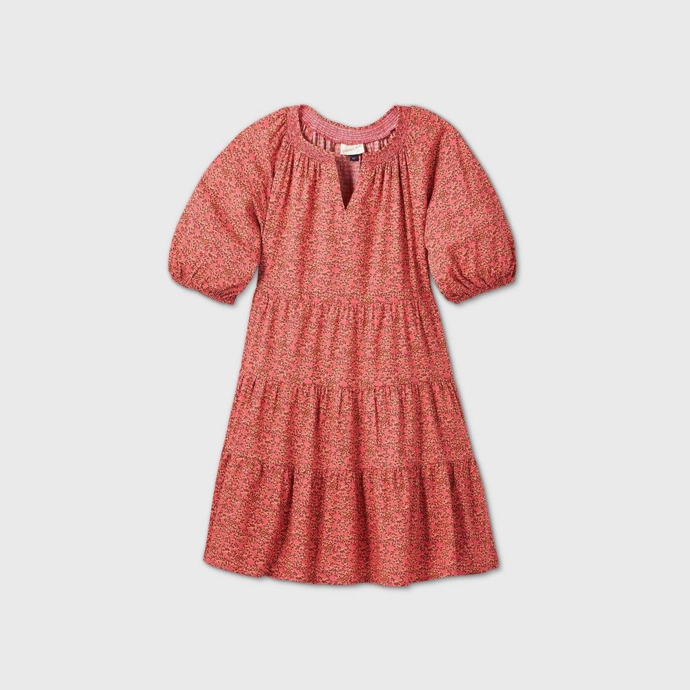 Women's Floral Print Puff Sleeve Tiered Babydoll Dress - Universal Thread Pink XL | Target