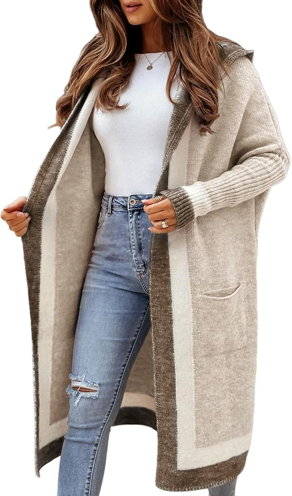 Yimoon Womens Long Cardigan Sweater Color Block Open Front Hooded Cardigan Oversized Knit Sweater... | Amazon (US)