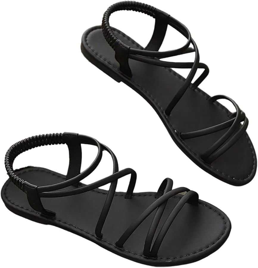 SweatyRocks Women's Criss Cross Strappy Sandals Open Toe Summer Flat Sandal with Back Strap | Amazon (US)