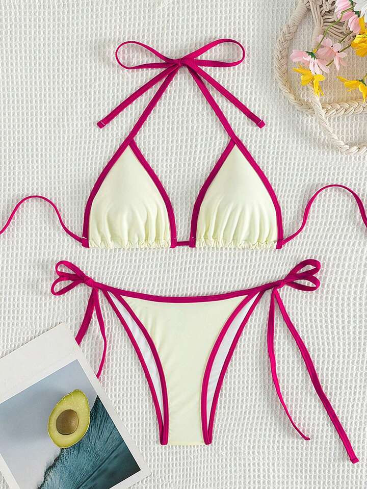 SHEIN Swim Mod Colorblock Edge Trim Lace-Up Bikini Swimsuit | SHEIN