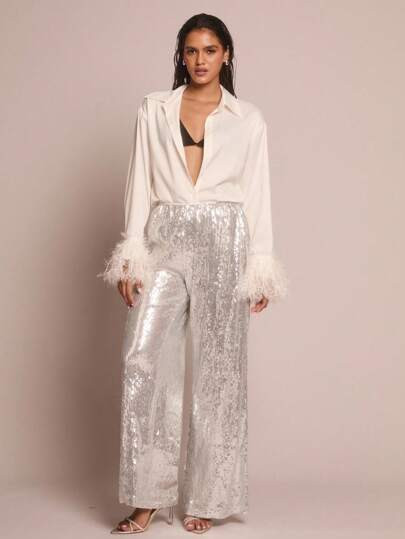 Glamine Glamine Feather Patchwork Long Sleeve White Elegant Blouse, Halloween Party Shirt, Satin ... | SHEIN