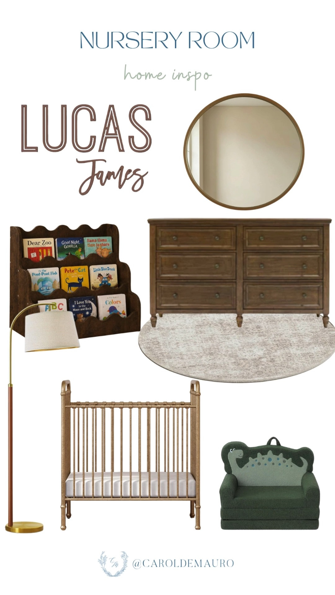 nursery room, gender neutral nursery, vintage nursery, custom name wall decor, nursery furniture, wall mirror, small bookshelf, magazine rack, metal crib, arch floor lamp, dinosaur chair, neutral round rug, vintage console cabinet, kids room

#LTKHome #LTKKids #LTKBaby