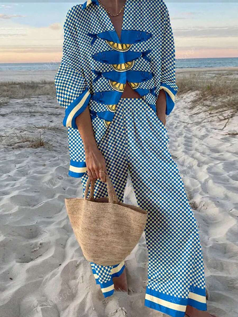 Beach Vacation Spring And Summer Women's Oversized Fashion Casual Blue And White Plaid Contrastin... | SHEIN