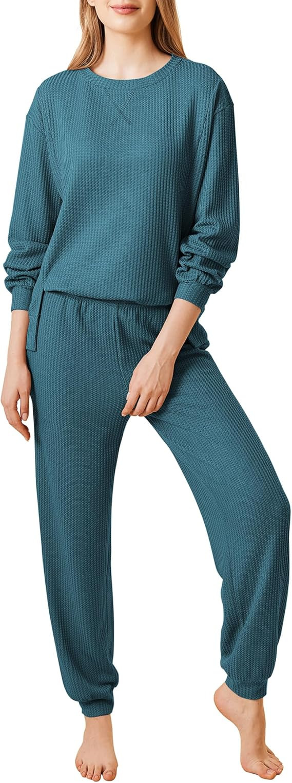 Ekouaer Waffle Knit Lounge Sets for Women Long Sleeve Pajamas Set with Pockets 2 Pieces Outfits T... | Amazon (US)